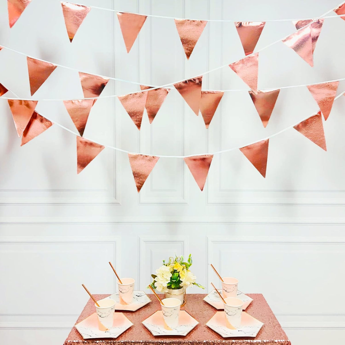 Rose Gold Party Decorations Metallic Fabric Triangle Pennant Banner Blush Pink Flag Bunting Garland