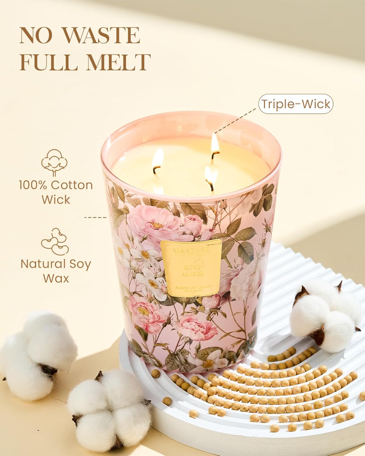 M&SENSE Extra Large Candle Rose Amber Scented, 3-Wick 35oz 150H Long Lasting, Natural Soy Wax