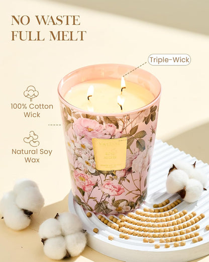 M&SENSE Extra Large Candle Rose Amber Scented, 3-Wick 35oz 150H Long Lasting, Natural Soy Wax