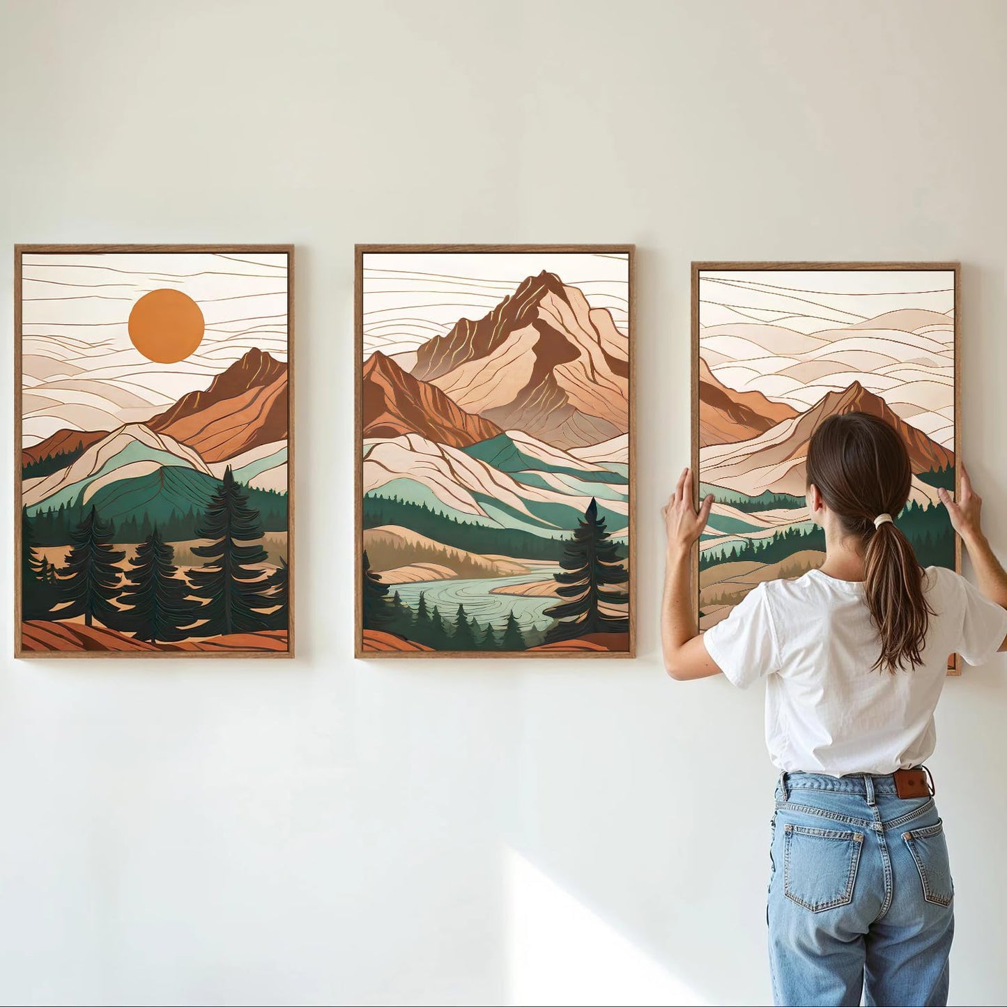 Tinonedraw Mountain Framed Canvas Wall Art Set of 3, Sunrise Forest Woodland Landscape Art Prints