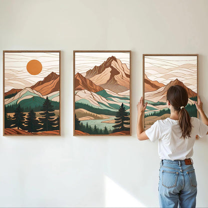 Tinonedraw Mountain Framed Canvas Wall Art Set of 3, Sunrise Forest Woodland Landscape Art Prints