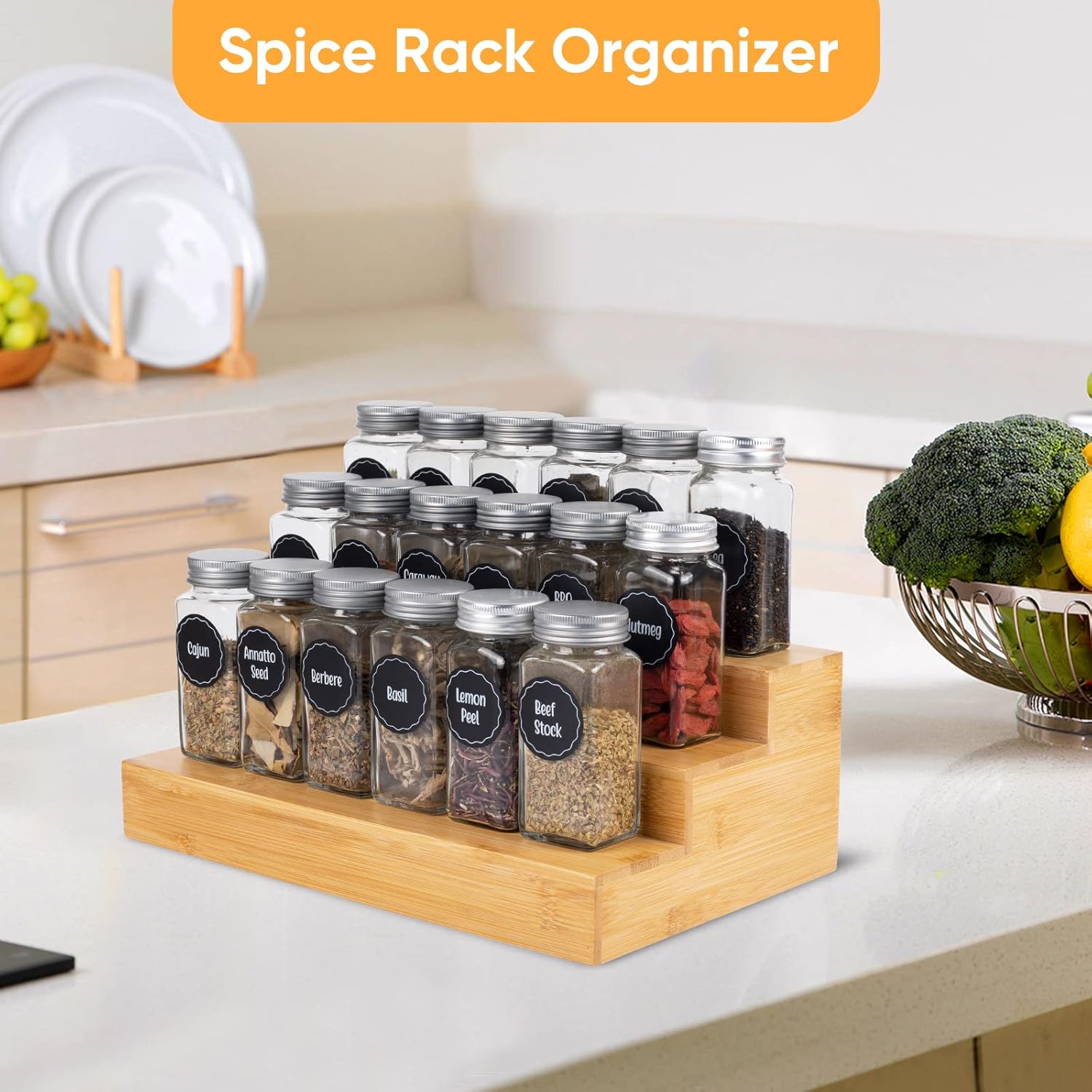 Bamboo Spice Rack Organizer for Cabinet 3 Tier Countertop Step Spice Shelf for Kitchen Storage and