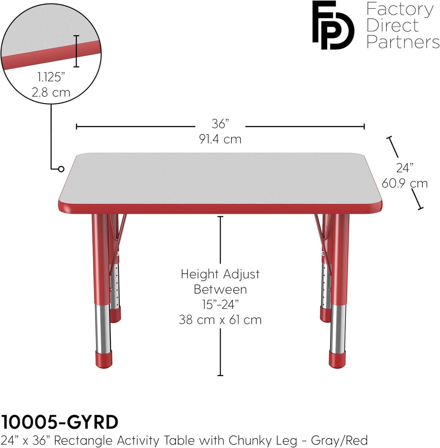 FDP Rectangle Activity School and Classroom Kids Table (24 x 36 inch), Chunky Toddler Leg
