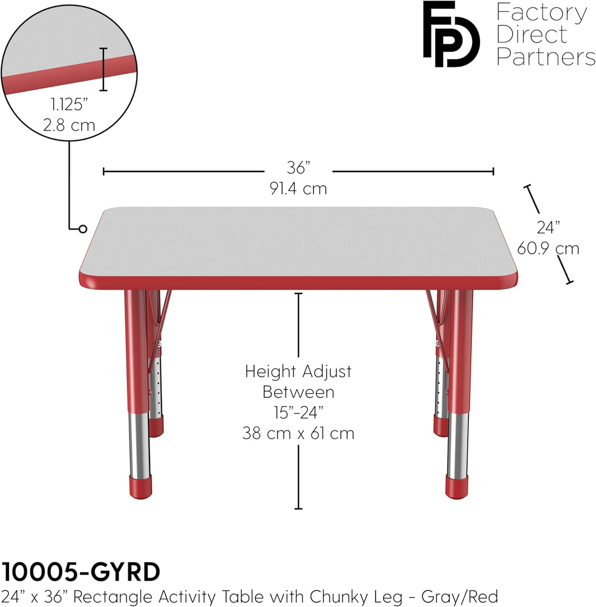 FDP Rectangle Activity School and Classroom Kids Table (24 x 36 inch), Chunky Toddler Leg
