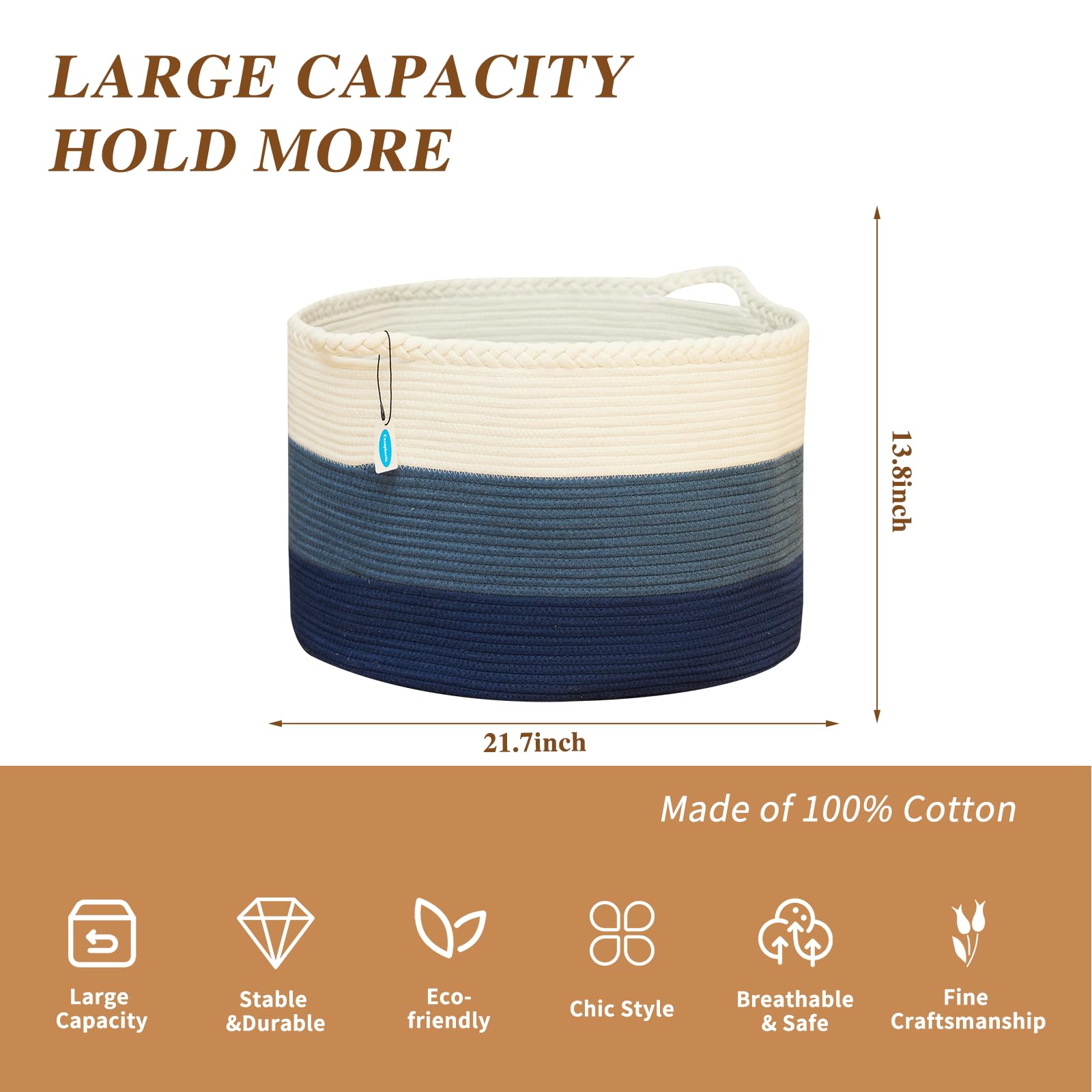Casaphoria Stuffed Animal Storage & Laundry Hamper - Woven Cotton Rope Basket, 21.7 * 21.7 * 13.8in