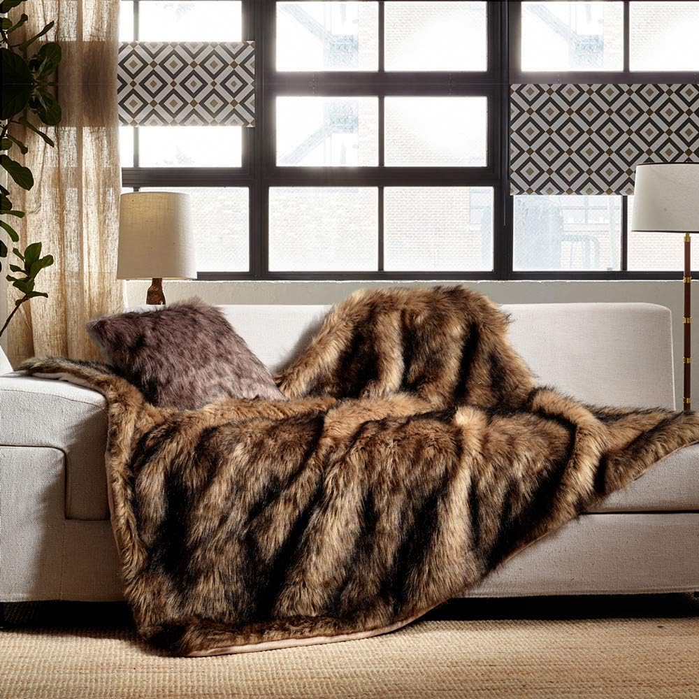 Luxury Plush Faux Fur Throw Blanket, Long Pile Brown with Black Tipped Blanket, Super Warm, Fuzzy