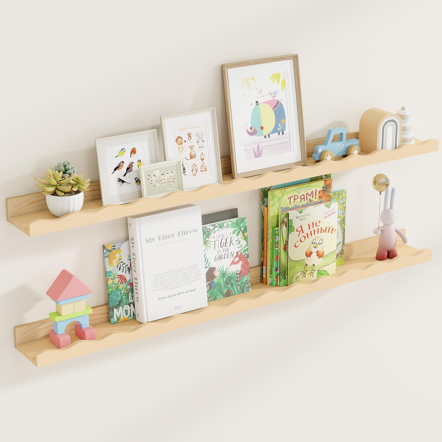 Fun Memories Picture Ledge Shelf for Wall, 48 inch Pine Wood Nursery Book Shelves Set of 2- Wall