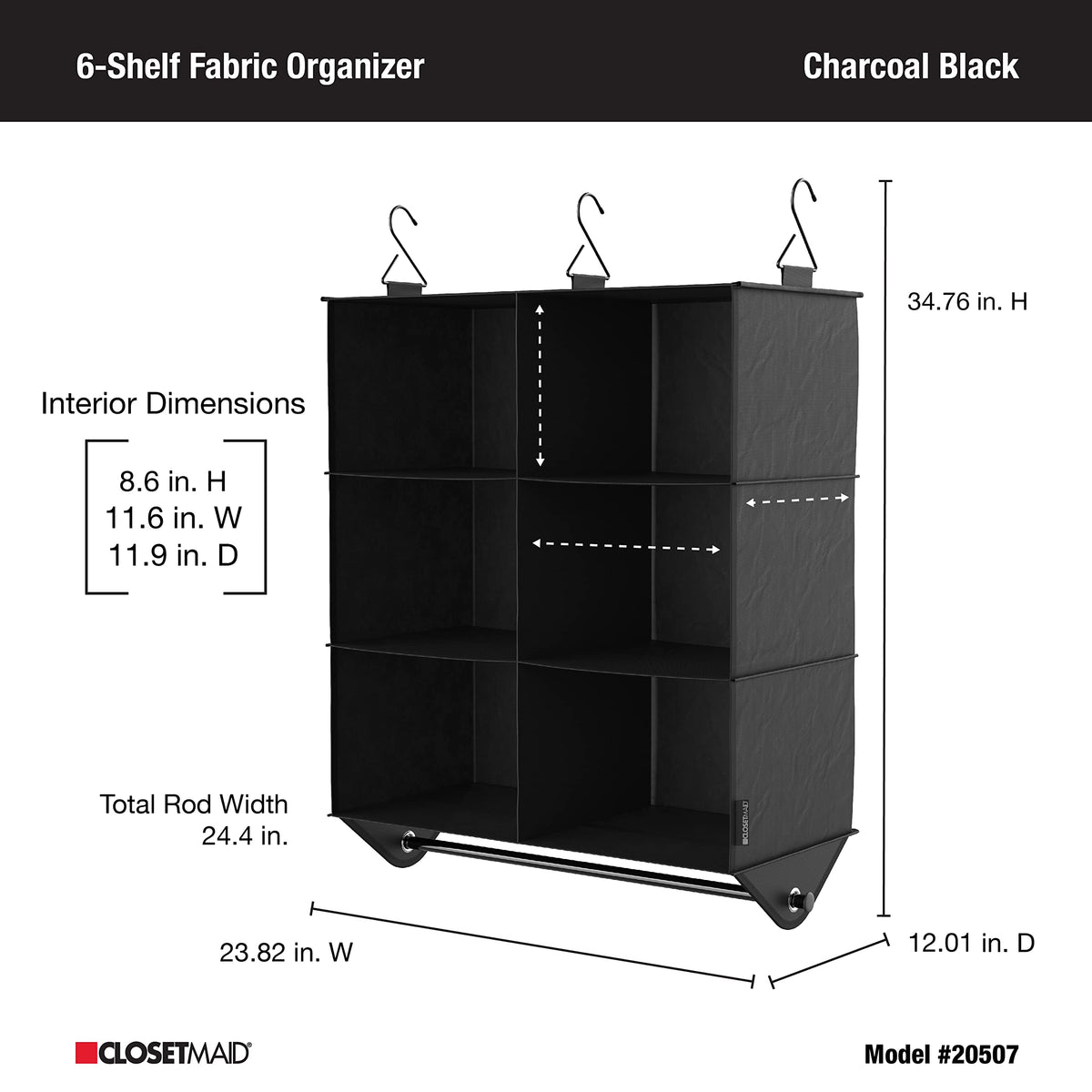 ClosetMaid 6-Shelf Fabric Hanging Closet Organizer with Garment Rod for Shirts, Sweaters, Pants