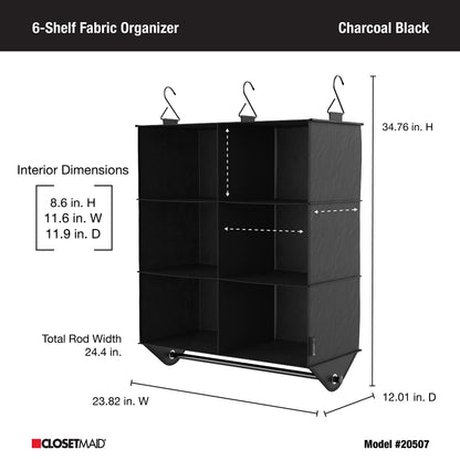 ClosetMaid 6-Shelf Fabric Hanging Closet Organizer with Garment Rod for Shirts, Sweaters, Pants