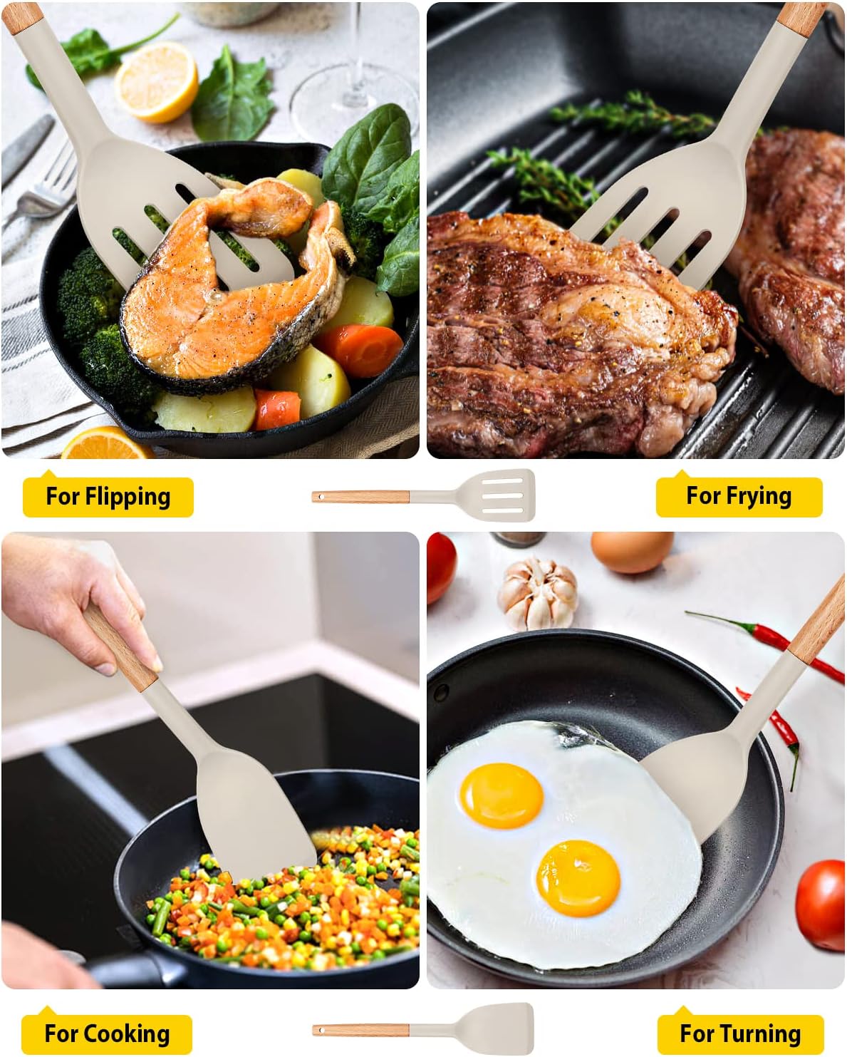 Pack of 2 Silicone Cooking Spatula, Heat Resistant Solid Turner, Non Stick Slotted Spatulas with