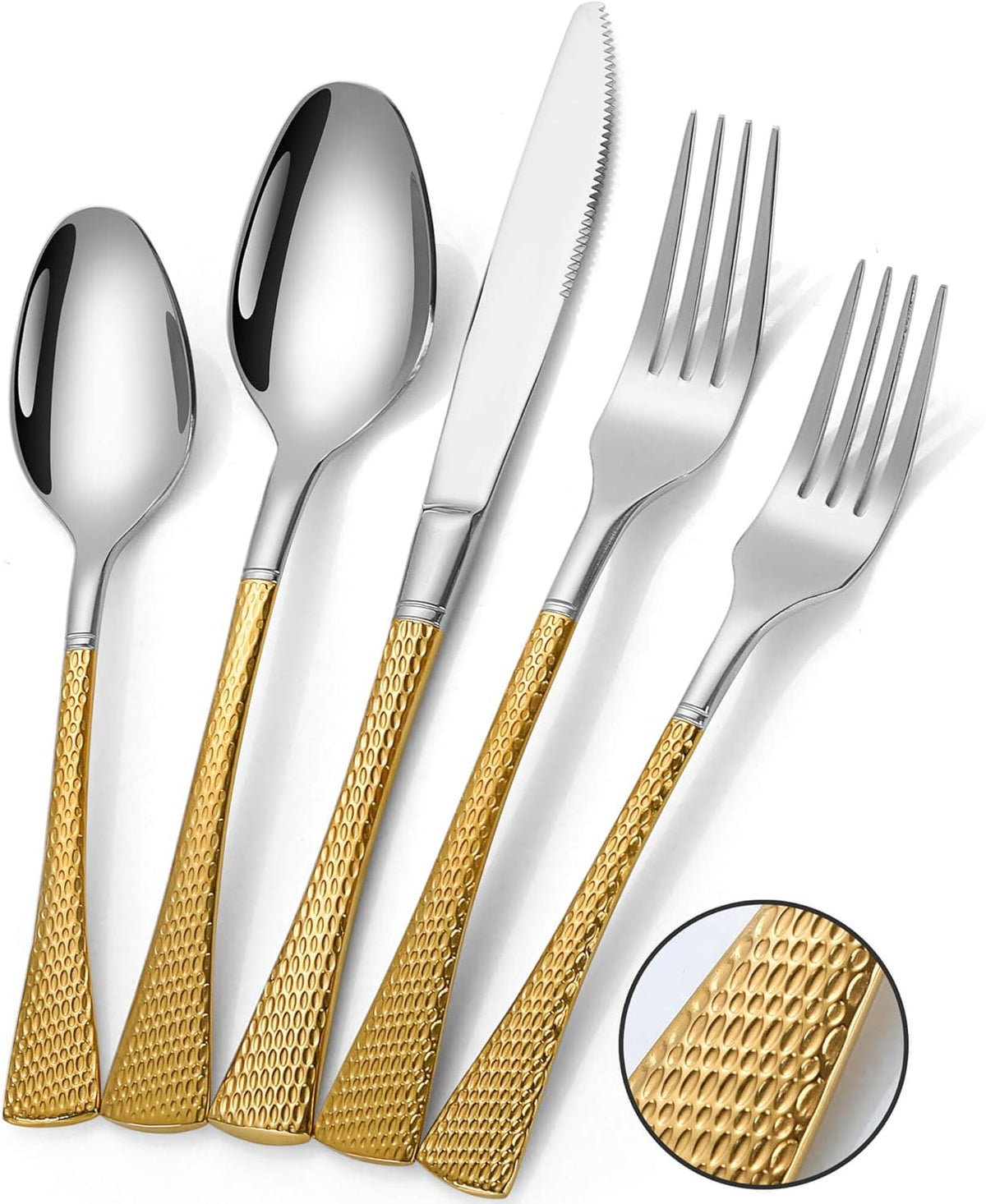 Hammered Silver Gold Silverware Set for 8,Stainless Steel 40-Piece Modern Cutlery Set,Mirror