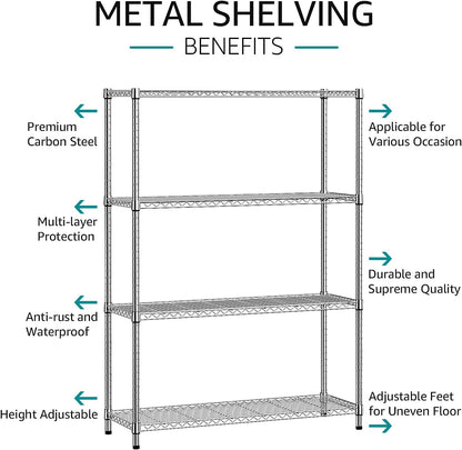IZEUK 1400 LBS Garage Chrome Shelving Wide Storage Shelves 4 Tier Adjustable Heavy Duty Metal Wire