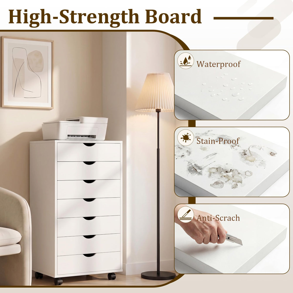 7 Drawer Mobile File Cabinet with Wheels, Office Storage Drawers, White