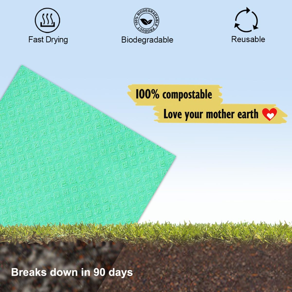 Swedish Dishcloths for Kitchen | 6 Pack Absorbent Cellulose Sponge Cloths Washable | Non-Scratch