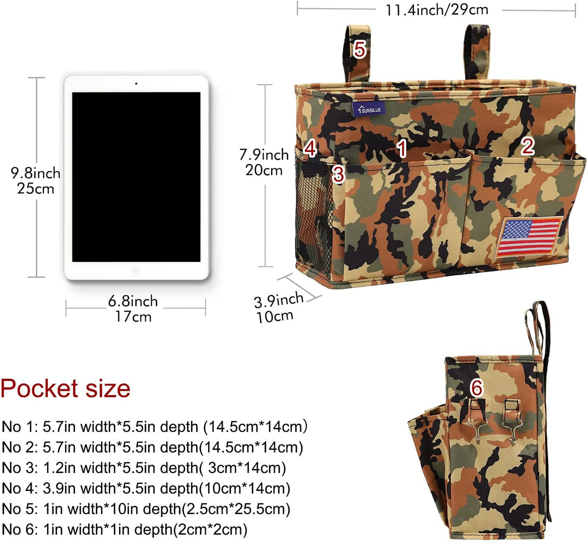 Surblue Bedside Caddy Hanging Organizer Storage Bag Pocket for Bunk, Hospital Beds, College Dorm