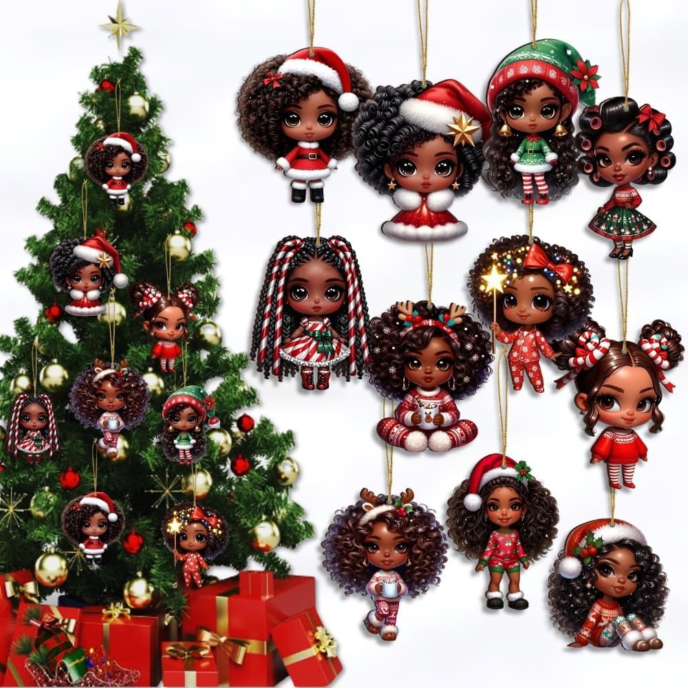 16pcs African American Black Chibi Girl Ornaments - Xmas/Christmas Wooden Decor, Gift Boxed for New