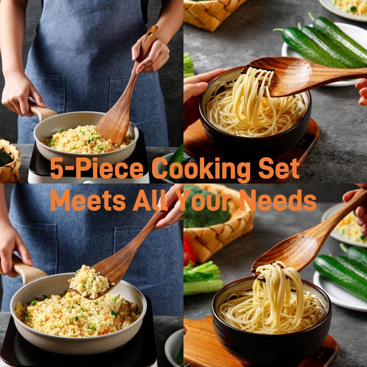 6 PCS Wooden Spoons for Cooking - Teak Wooden Cooking Utensils Set with Holder - Non-Stick, Soft