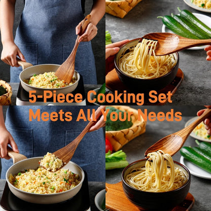 6 PCS Wooden Spoons for Cooking - Teak Wooden Cooking Utensils Set with Holder - Non-Stick, Soft