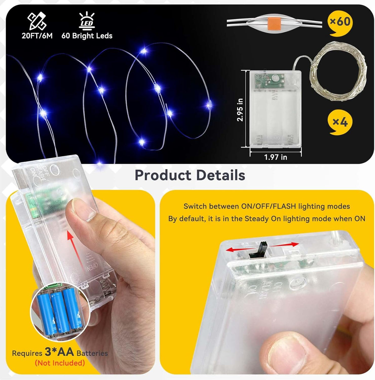 4 Pack 60LED Christmas Fairy Lights Battery Operated - 20FT Twinkle Lights with 2 Lighting Modes