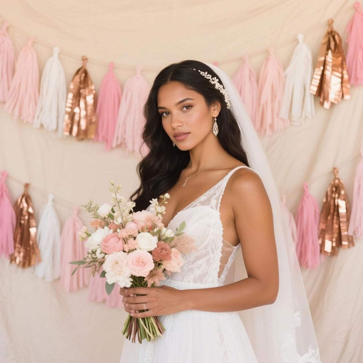 Rose Gold Peach White Pink Tassel Garland Banner, 20 Pack, Tassel Garland Party Decorations for