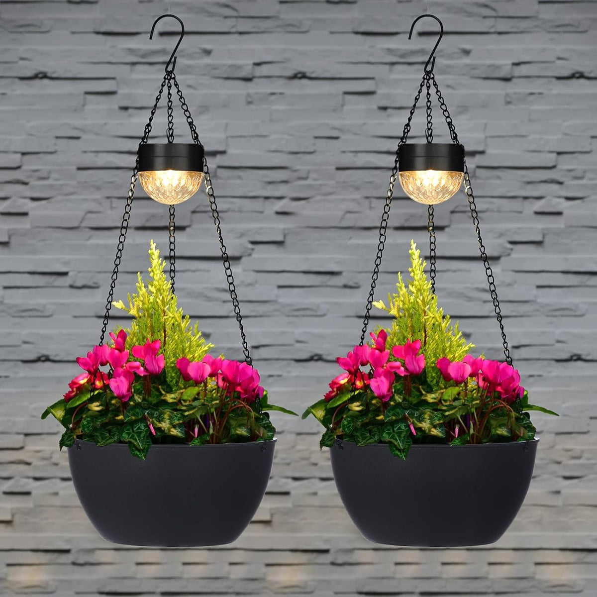 2 Packs Solar Hanging Basket Planters for Plants Outdoor, Self Watering Black Flower Plants Pots