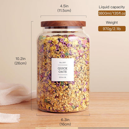 Set of 2 Large Glass Flour and Sugar Containers with 132 Pantry Labels - Glass Food Storage Jars