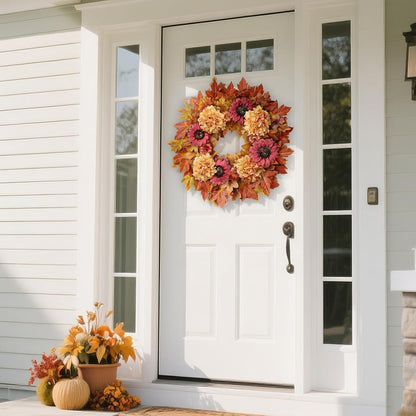 28'' Large Fall Wreath for Front Door, Porch, Window- Artificial Maple Leaves Faux Sunflower
