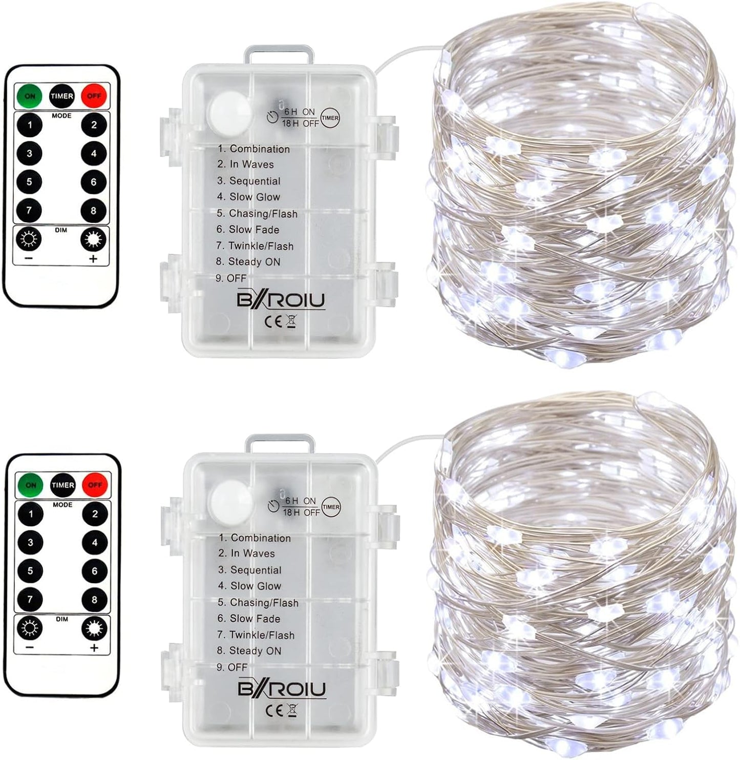 2 x Fairy Lights Battery Operated,Silver Wire Chains 8 Mode 16Ft/5Meter 50 LEDs Timer String Lights