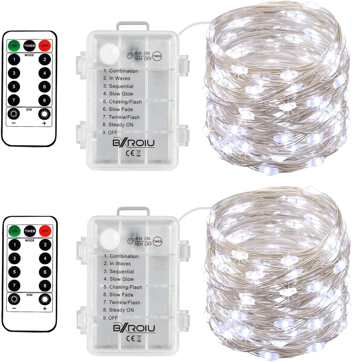 2 x Fairy Lights Battery Operated,Silver Wire Chains 8 Mode 16Ft/5Meter 50 LEDs Timer String Lights