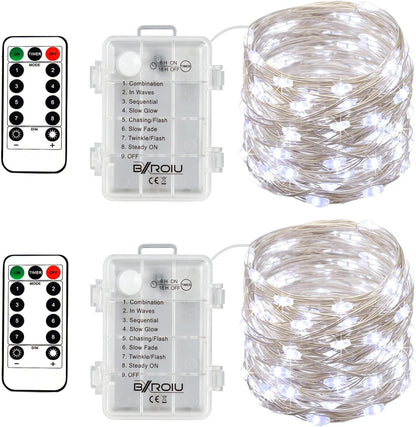 2 x Fairy Lights Battery Operated,Silver Wire Chains 8 Mode 16Ft/5Meter 50 LEDs Timer String Lights