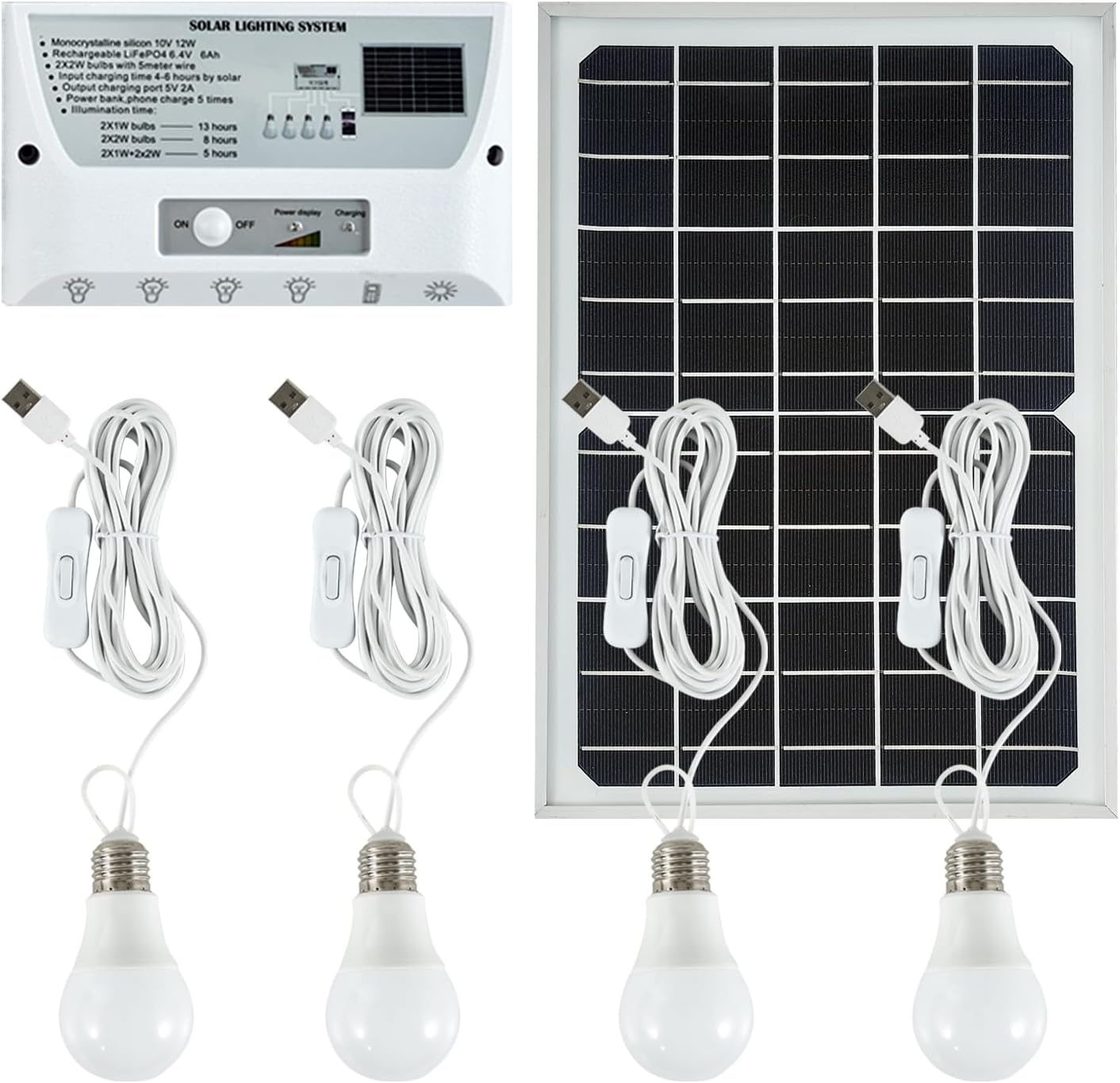 Solar Powered Indoor & Outdoor Pendant Lights with 4 LED Bulbs, Each 5m Cord, Waterproof, 6000mAh