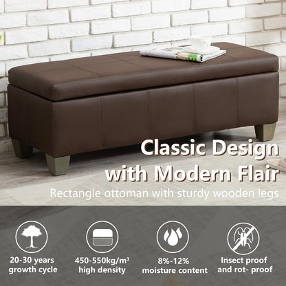51 Inch Brown Faux Leather Ottoman with Storage, Rectangular Extra Long Bench, End of Bed Bench