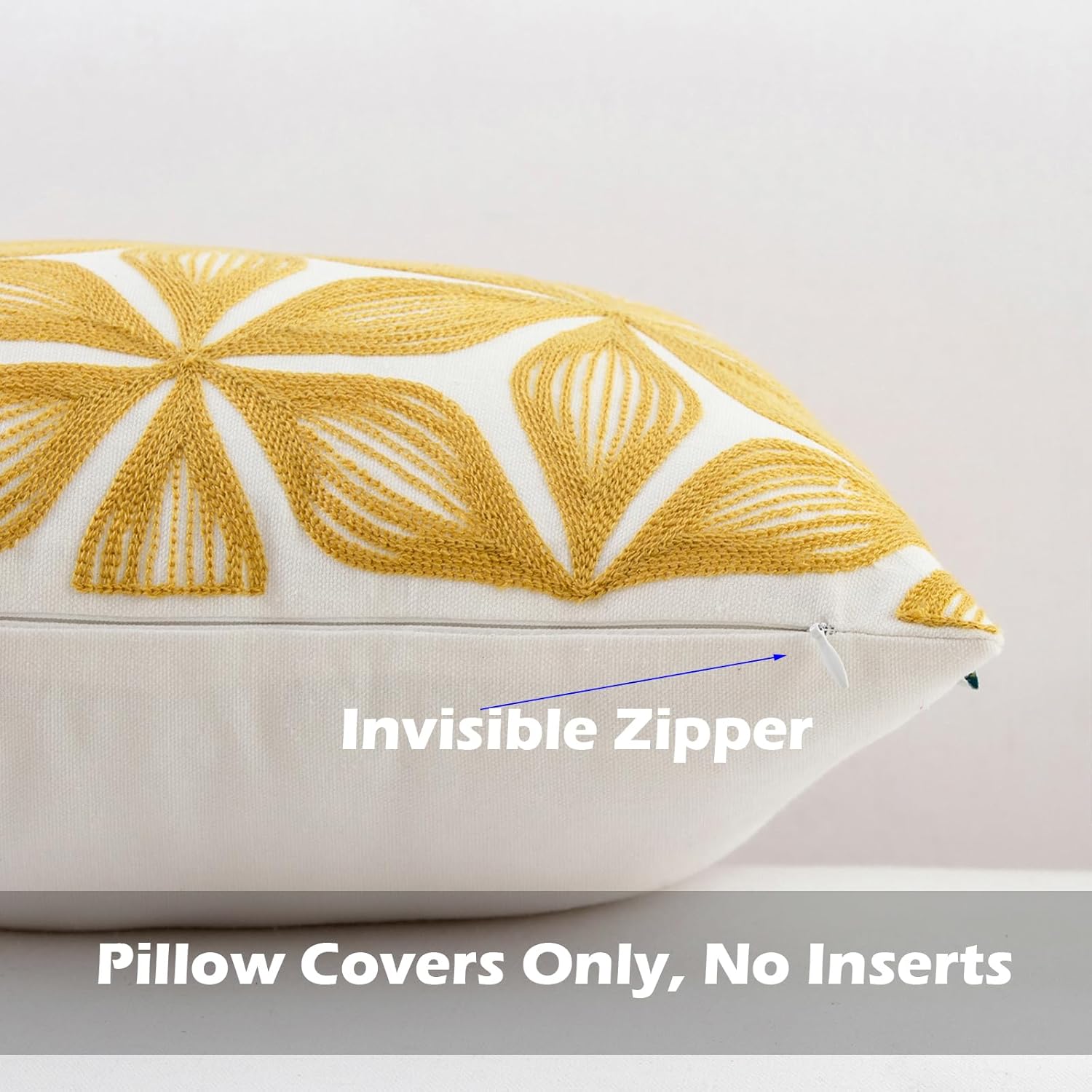 HWY 50 Yellow Decorative Throw Pillow Covers 18x18 Inch (1 Piece), Embroidered Cotton Farmhouse