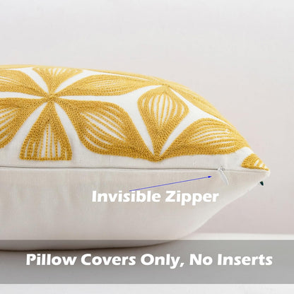 HWY 50 Yellow Decorative Throw Pillow Covers 18x18 Inch (1 Piece), Embroidered Cotton Farmhouse