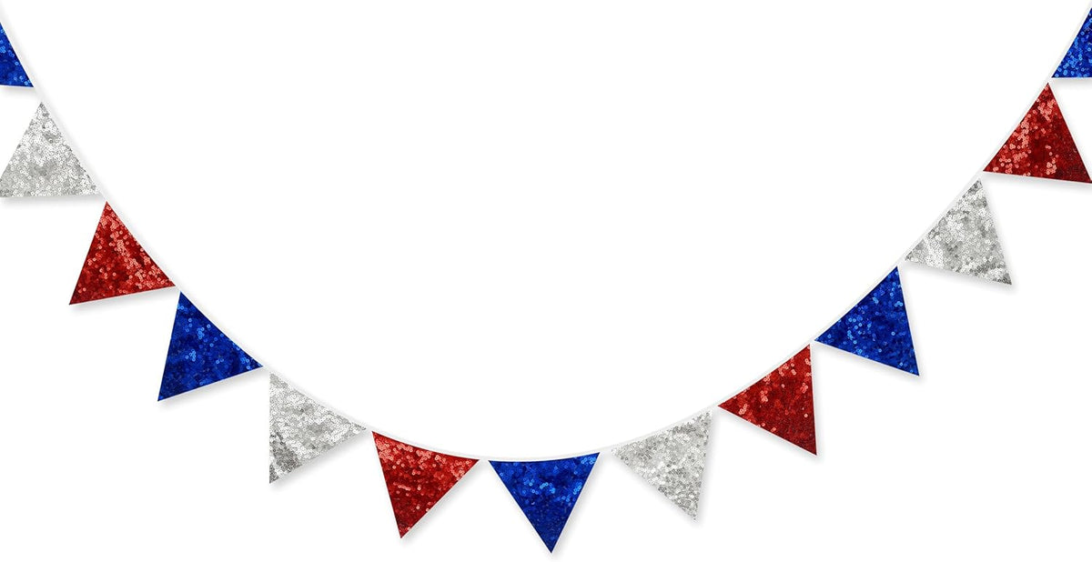 pinkblume Red Blue Silver Decorations Double Sided Sequin Fabric Triangle Pennant Banner Flag