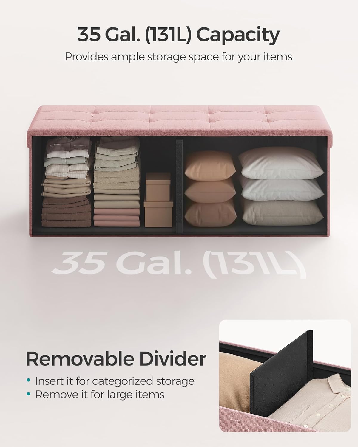 SONGMICS MAZIE Collection - 43 Inches Folding Storage Ottoman Bench, Ottoman Foot Rest, End of Bed