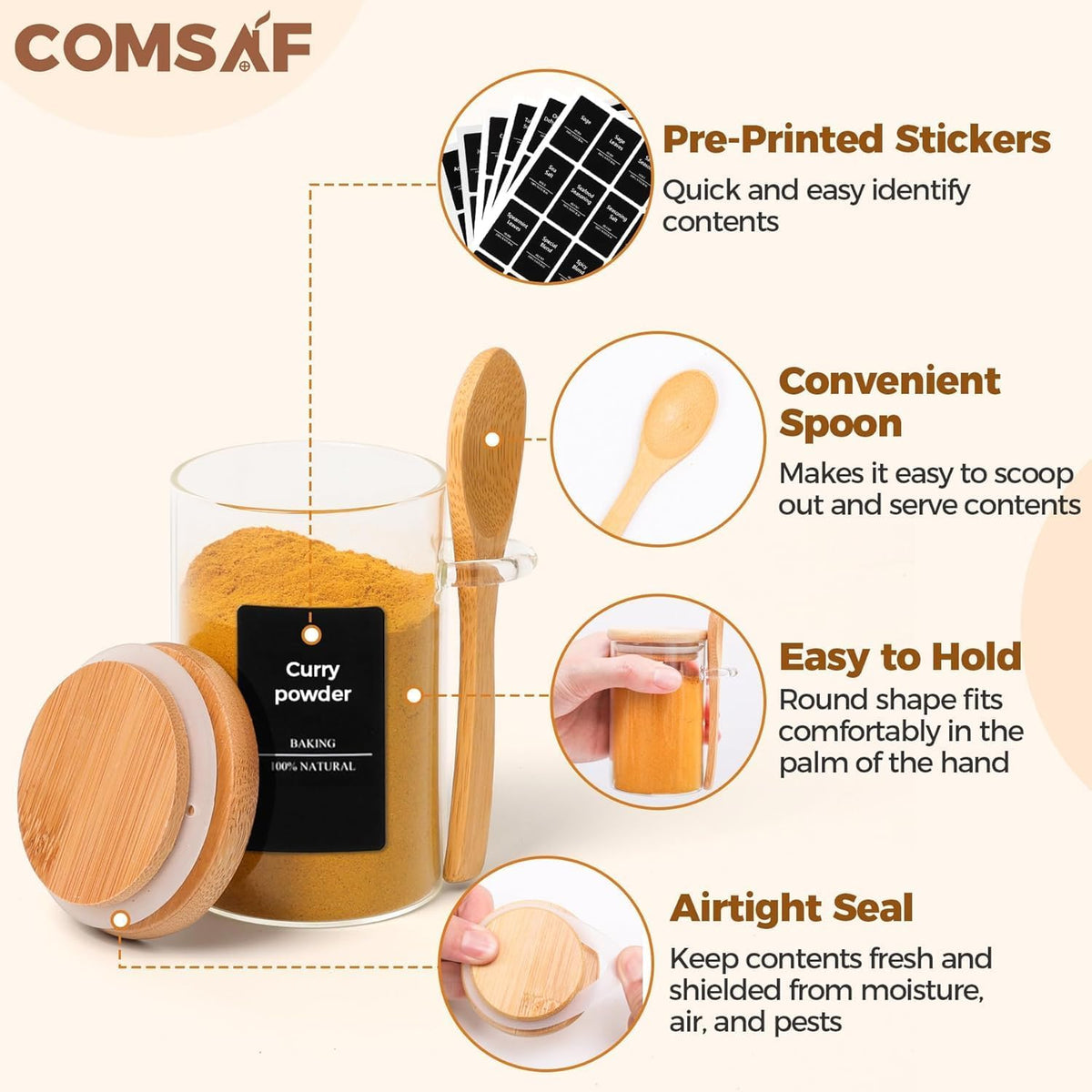 ComSaf Spice Jars with Spoon 8 oz 6Pack, Small Spice Containers Starter Set, Glass Seasoning Jars