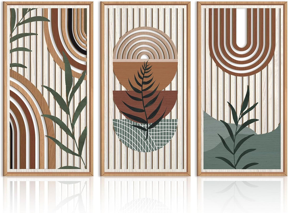 IARTTOP Large Boho Wall Art Set Of 3 Framed Mid Century Modern Wall Decor Abstract Geometric Wood