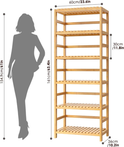 FOTOSOK 6-Tier Bamboo Shelf, Bamboo Bookcase with Adjustable Shelves, Free Standing Storage Shelf