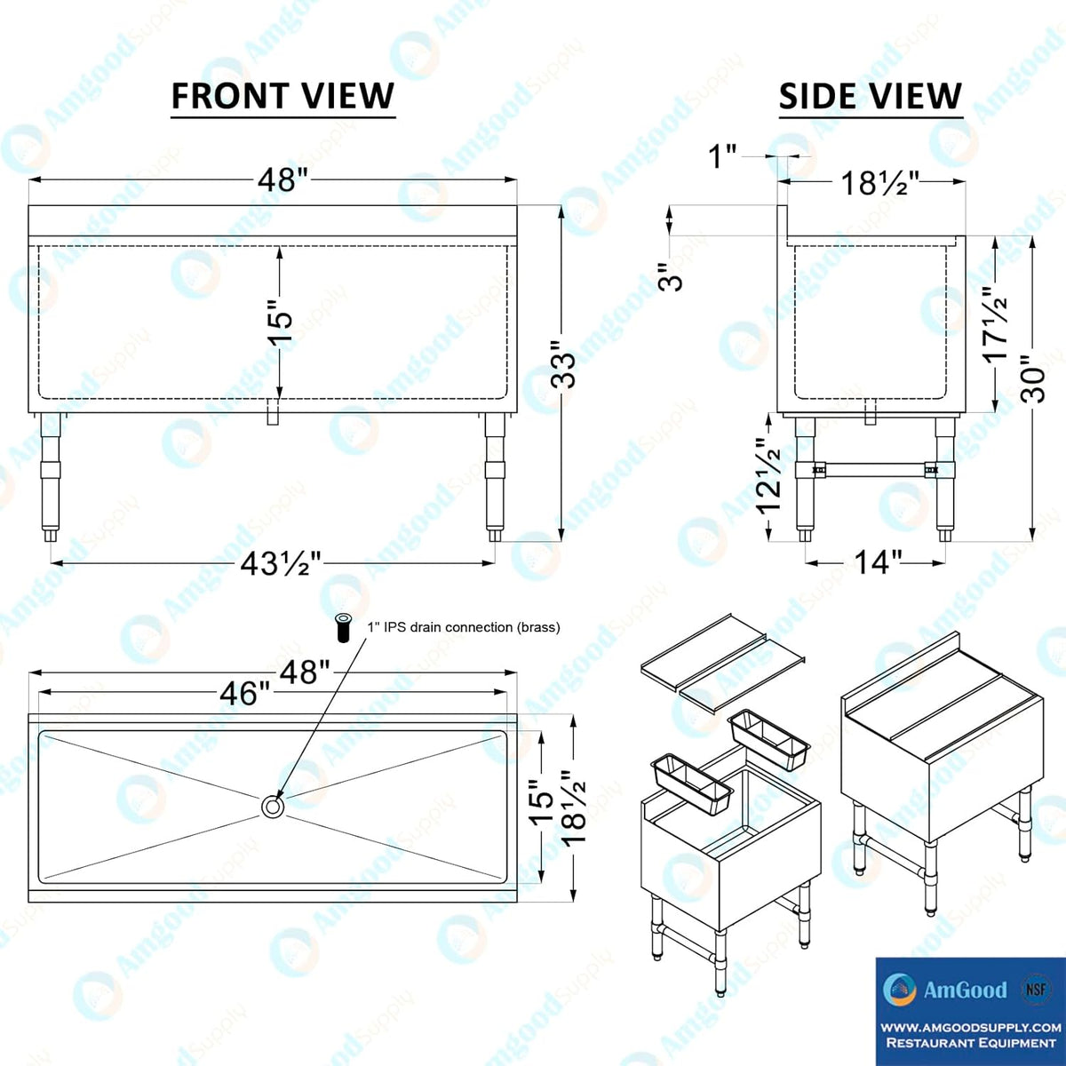 AmGood 18.5 in. x 48 in. Underbar Ice Bin with Sliding Lid | NSF | Stainless Steel Ice Chest with