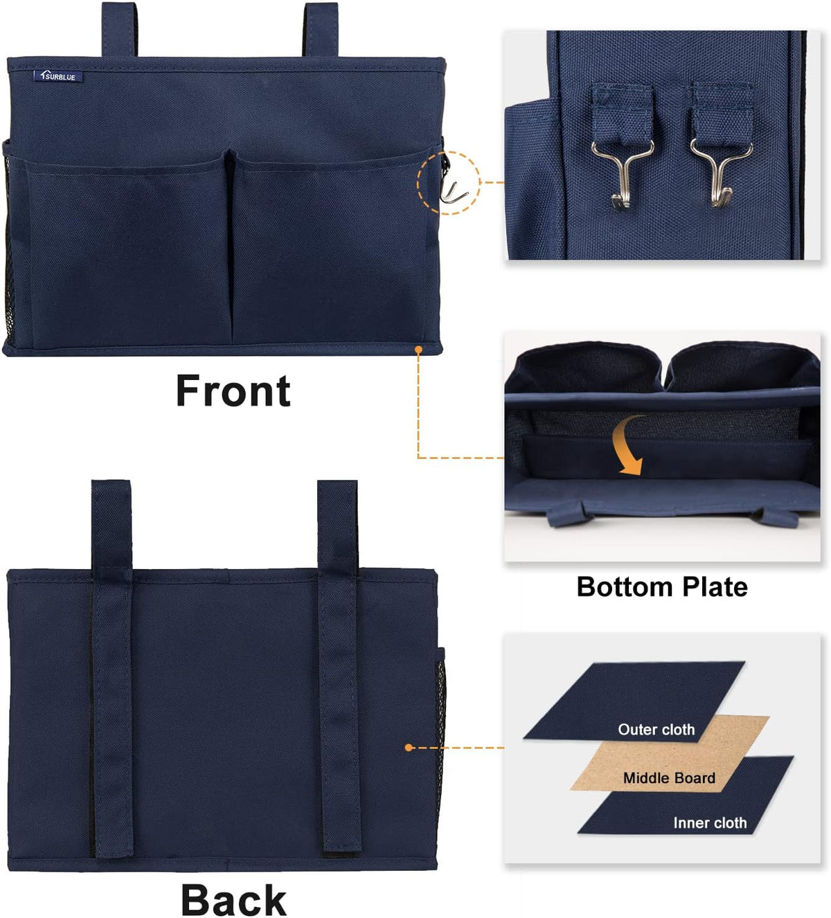 Surblue Bedside Caddy Hanging Organizer Storage Bag Pocket for Bunk, Hospital, College Dorm Rooms