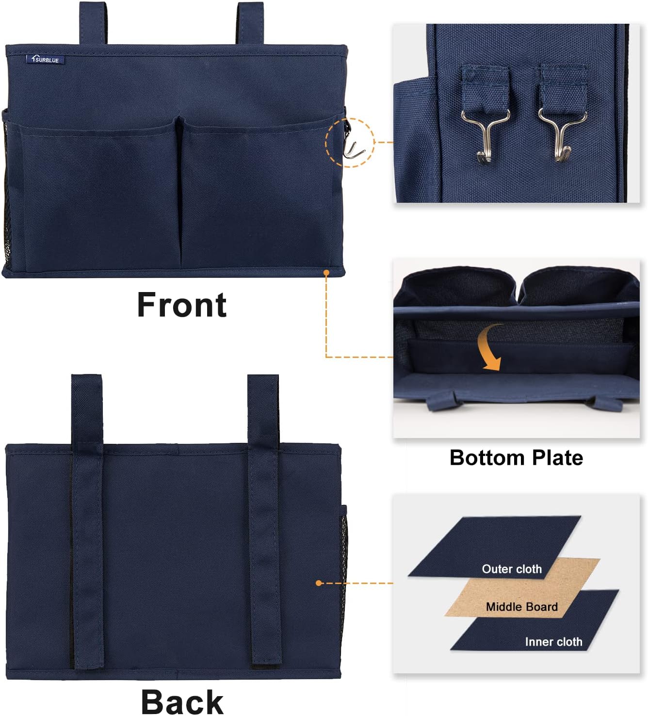 Surblue Bedside Caddy Hanging Organizer Storage Bag Pocket for Bunk, Hospital, College Dorm Rooms