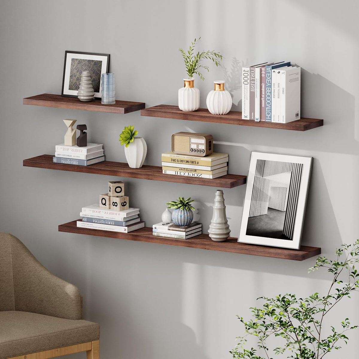 SAUMONIERES Floating Shelves 8 Inch Deep Solid Wood Wide Wall Shelf Set of 2 Wall Mounted for