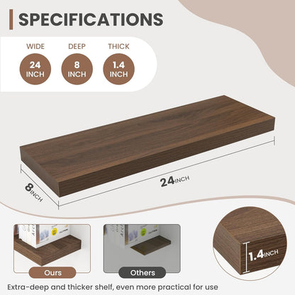 24 Inch Floating Shelves, 8 Inch Deep Floating Shelves for Wall, Hanging Shelf with Invisible