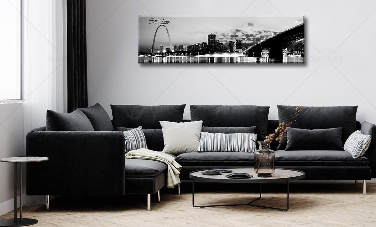 DJSYLIFE Panoramic St. Louis Skyline Wall Art Cityscape Picture Black and White Canvas Print Night