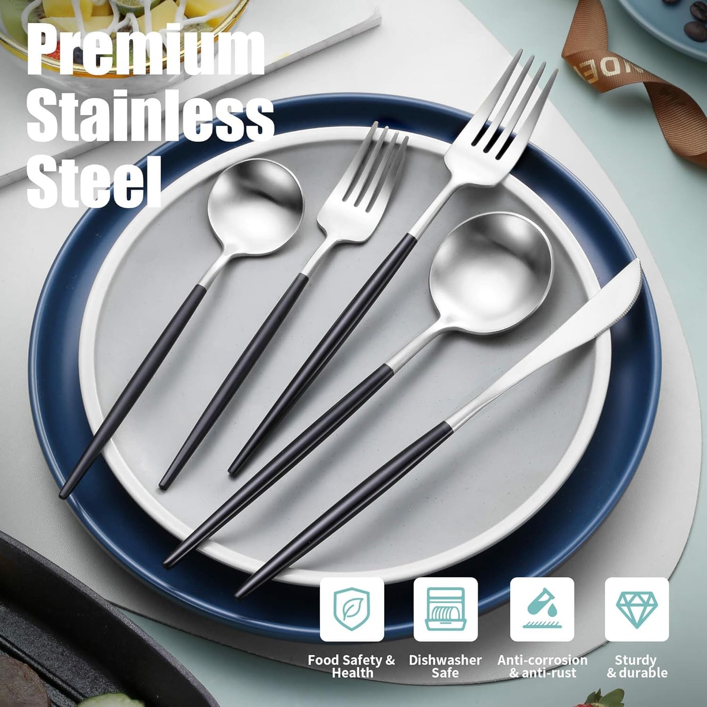 Matte Black Silver Silverware Set for 4,Modern Stainless Steel Brushed Cutlery Set,20-Pieces Heavy