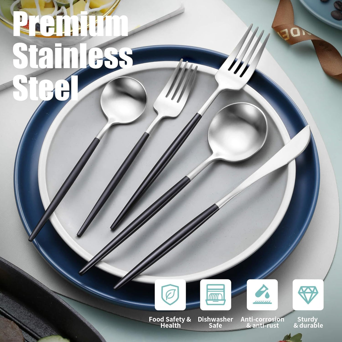 Matte Black Silver Silverware Set for 4,Modern Stainless Steel Brushed Cutlery Set,20-Pieces Heavy