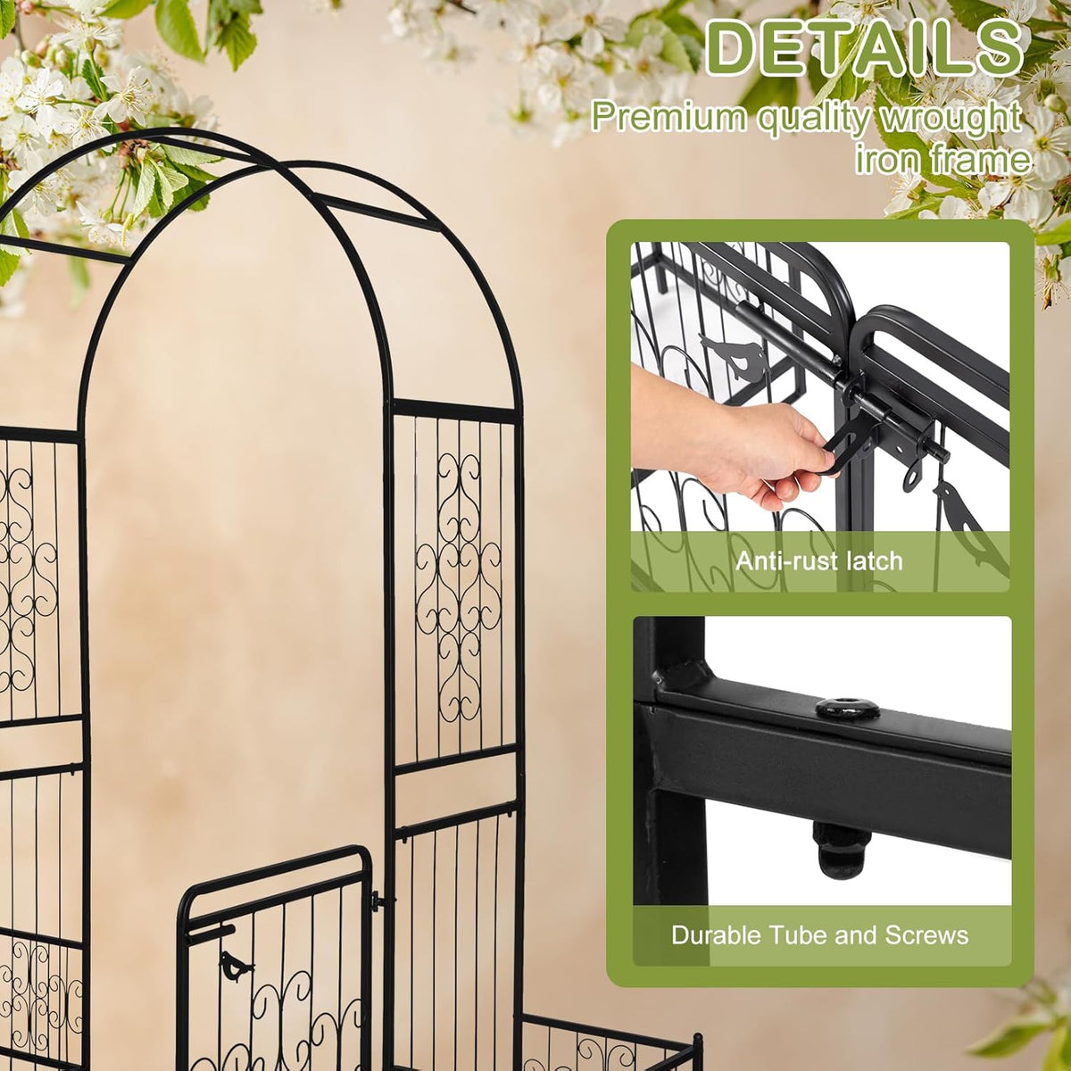 Outvita 7FT Garden Arch Arbor with Entry Door and Plant Frame, Heavy Duty Metal Arbour Archway