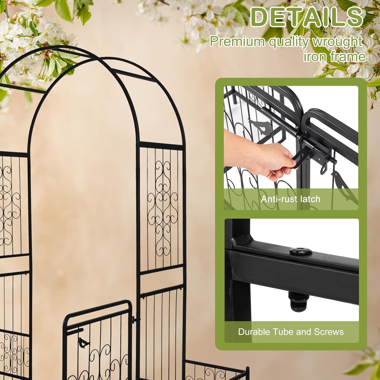 Outvita 7FT Garden Arch Arbor with Entry Door and Plant Frame, Heavy Duty Metal Arbour Archway