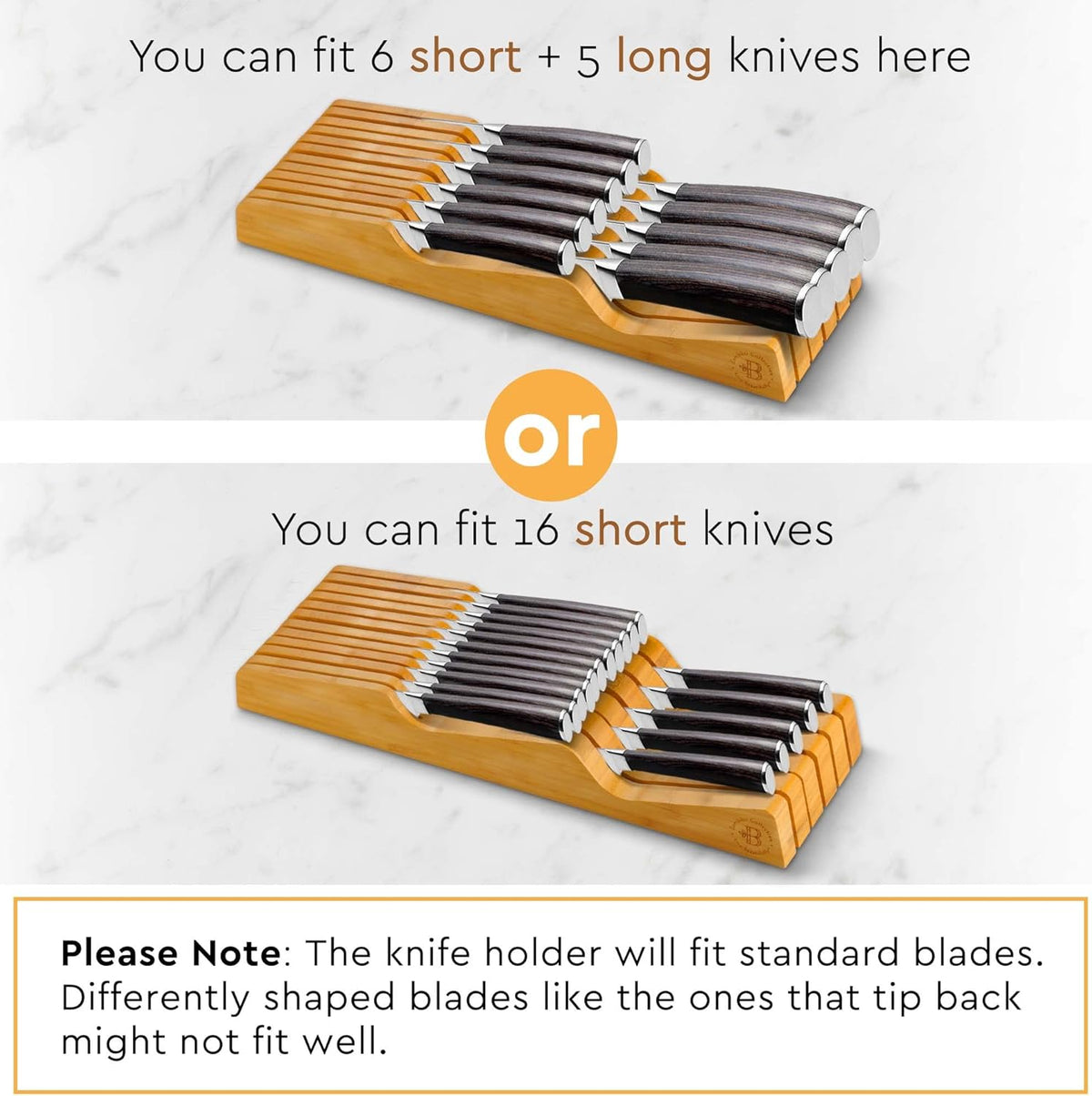 In-Drawer Knife Block - Bamboo Knife Drawer Organizer for Kitchen - Fits 5 Long + 6 Short Knives